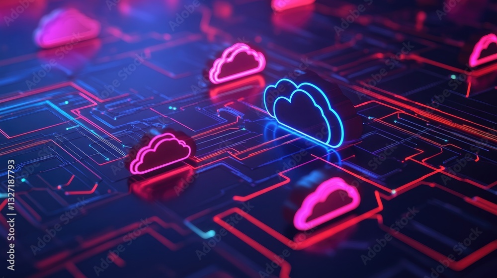 Poster a high-tech illustration of a cloud computing system with interconnected nodes, showcasing infrastru