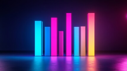A futuristic D bar chart with illuminated bars in various heights, highlighting business growth data in a digital finance environment.