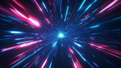Abstract blue light speed background with laser rays and glowing flare in the center, motion blur effect, futuristic design concept for technology or science illustration.