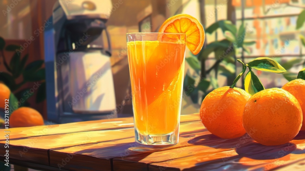 Poster A glass of freshly squeezed orange juice sitting on a rustic wooden table, with a few whole oranges and a juicer in the background, evoking a refreshing feel.