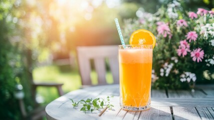 Fototapeta premium A glass of orange juice on a sunny patio table, surrounded by flowers and green foliage, creating a bright and cheerful outdoor drinking experience.
