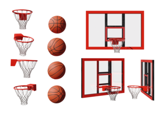  Basketball set of balls and hoops from a different angle on transparent background, 3D rendered illustration