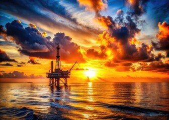 Fototapeta premium Stunning Sunset Silhouette: Offshore Oil Rig at Golden Hour - Generative AI Image