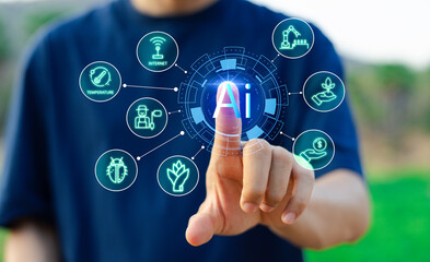 Touching AI Interface Futuristic Digital Interaction with Network of Icons for Smart Agriculture, IoT for Agriculture, Agricultural Measurement, AI Control.