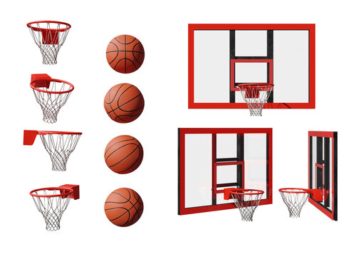 Basketball set of balls and hoops from a different angle on transparent background, 3D rendered illustration