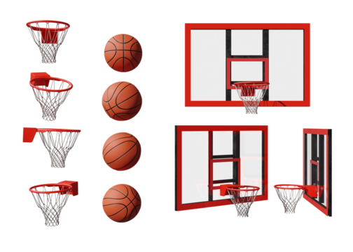  Basketball set of balls and hoops from a different angle on transparent background, 3D rendered illustration