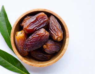 Top View of Dry Dates with Fresh Green Leaves in a Wooden Bowl Isolated on White Background
