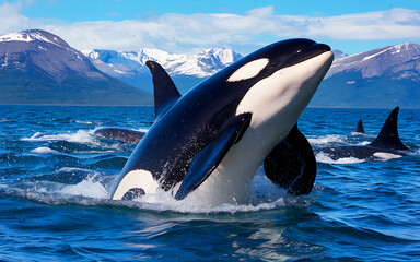 Majestic Orcas Breaching in Alaskan Waters – Stunning Wildlife Photography