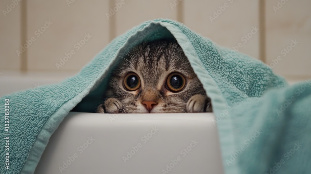 Poster a heartwarming image of a cat peeking out from a bath towel, with only its head visible, showcasing 