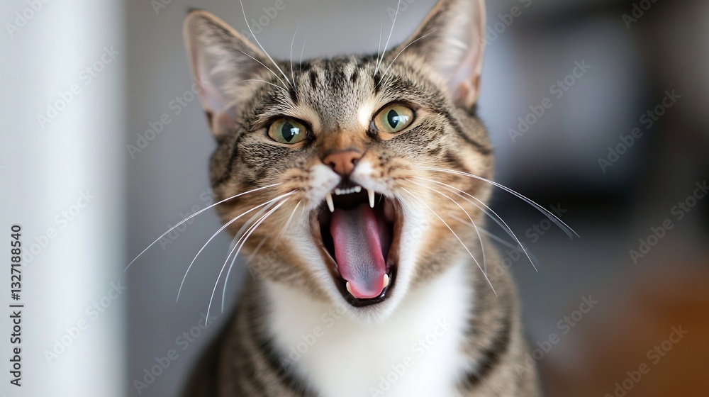 Poster Close up of a playful cat showing its teeth in an amusing and energetic pose : Generative AI