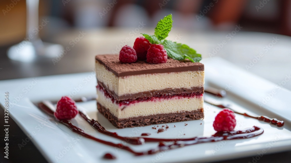 Poster a luxurious chocolate dessert plated with a drizzle of raspberry sauce and garnished with mint leave