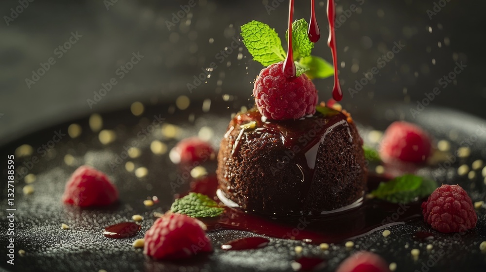 Poster a luxurious chocolate dessert plated with a drizzle of raspberry sauce and garnished with mint leave