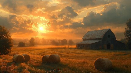 Golden hour countryside scene with a rustic barn and haystacks in the field. Generative AI