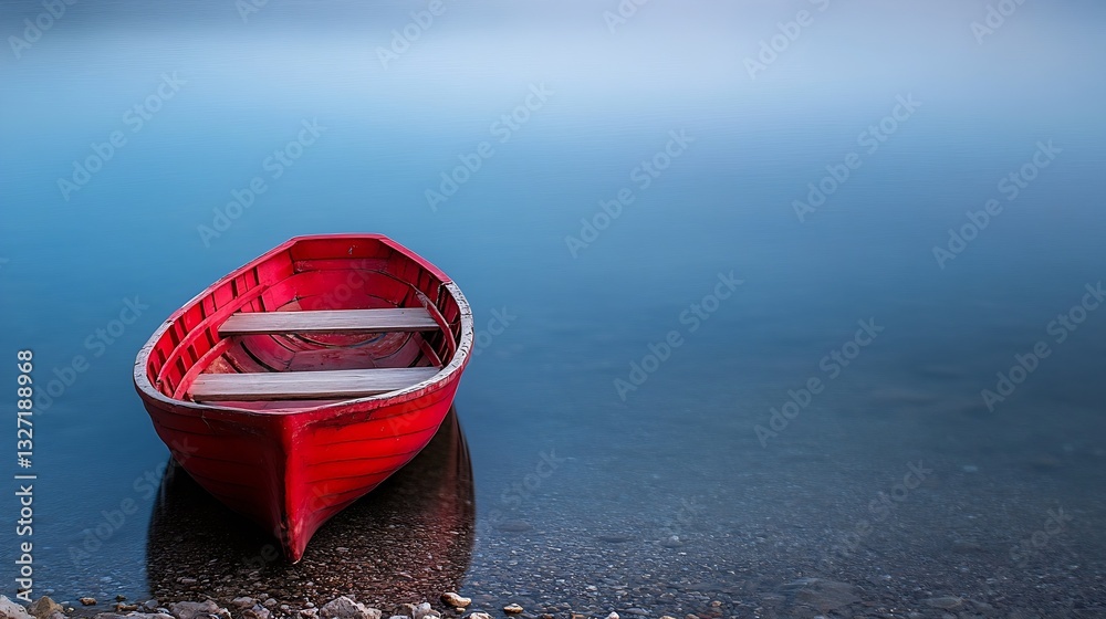 Poster beautiful red boat resting peacefully on the calm waters of a serene lake at twilight : generative a