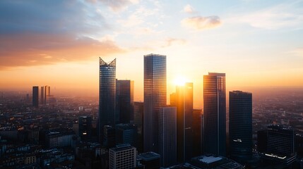 Obraz premium Stunning sunset over a bustling city skyline with towering skyscrapers reflecting the warm golden light of dusk : Generative AI