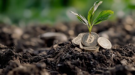 Bitcoin coins sprouting green leaves symbolizing growth and investment in agriculture : Generative AI