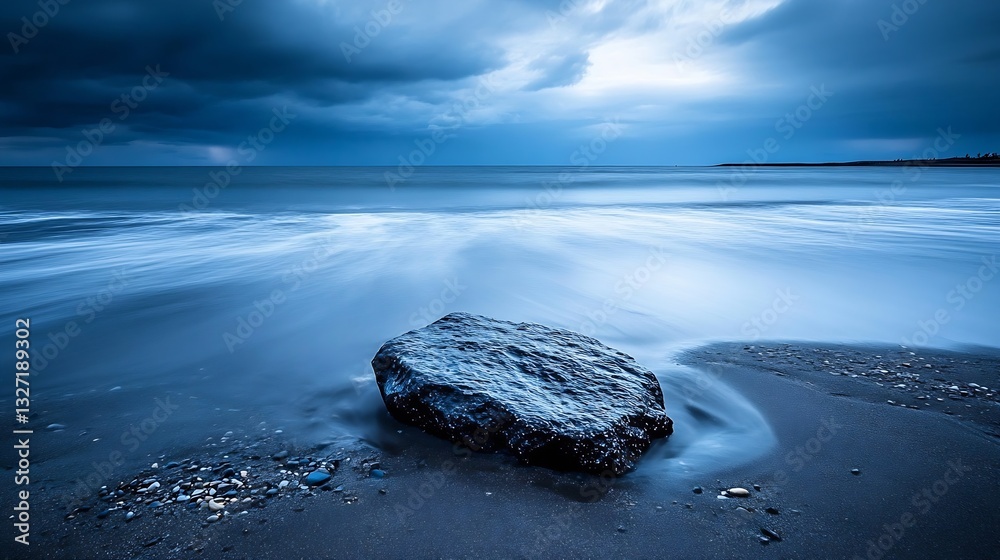 Aufkleber dramatic seascape at dusk with waves gently rolling over a jagged rock on the shoreline : generative
