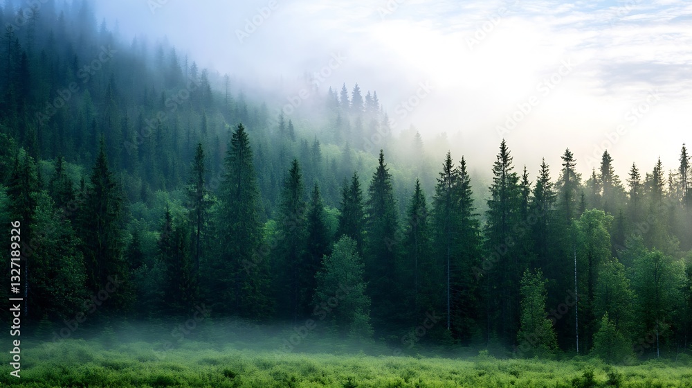 Poster misty forest landscape showcasing tall pine trees enveloped in a serene fog during early morning : g