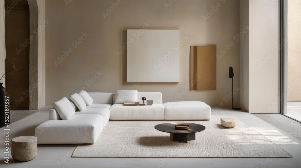 Aufkleber A minimalist white sofa set against a neutral backdrop, complemented by a soft rug and artistic decor, creating a serene and inviting space for relaxation.