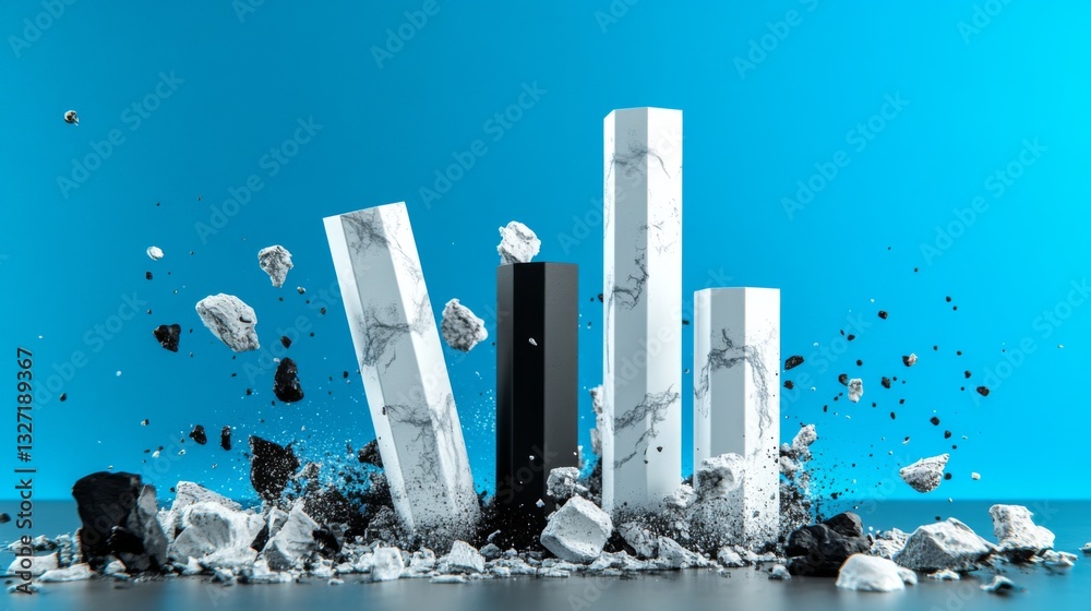 Fototapete A modern D bar graph displaying financial performance with rising and falling bars, set against a professional blue and gray background.