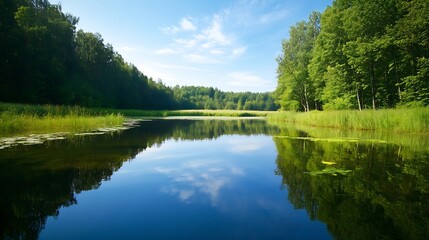 Idyllic serene lake reflecting lush greenery under a clear blue sky surrounded by trees : Generative AI