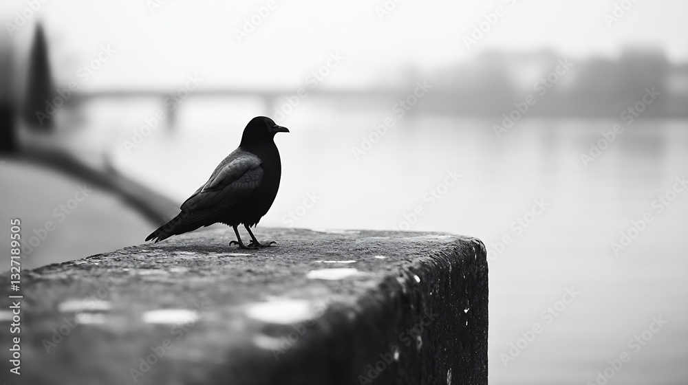 Poster lonely bird perched on a concrete edge near a misty river : generative ai