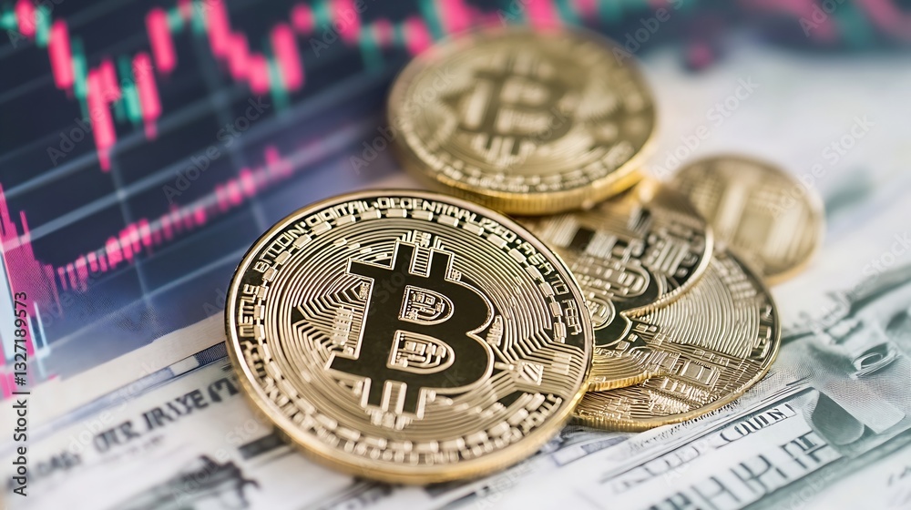 Leinwandbilder stack of shining bitcoin coins on top of us dollar bills showing cryptocurrency trend : generative a
