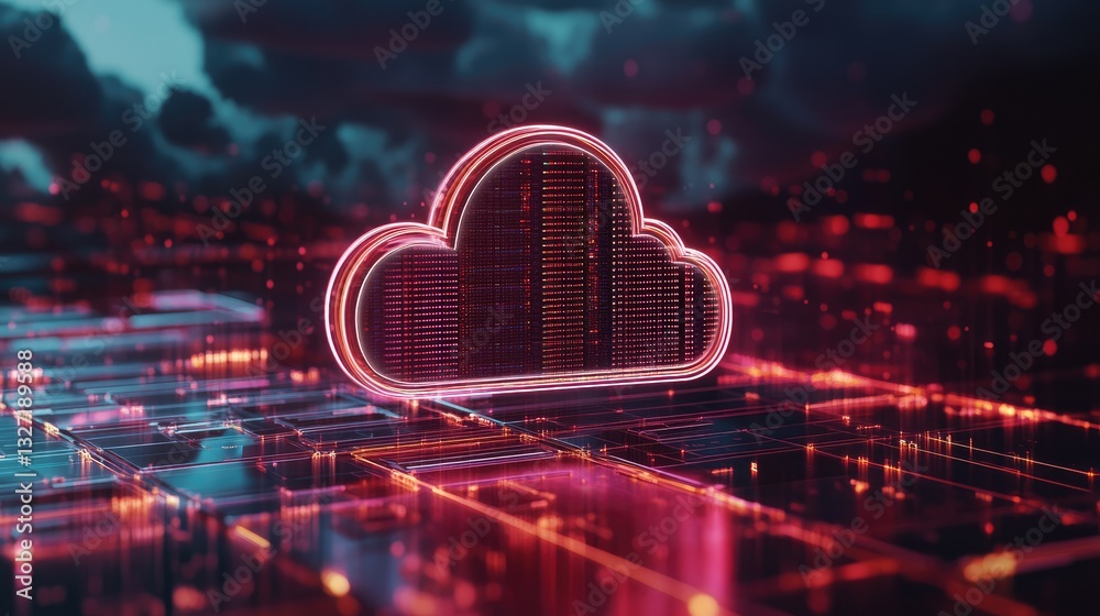 Poster a modern it infrastructure with a two-tone cloud icon and server nodes interconnected through a netw