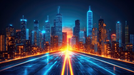 Futuristic city highway at sunset, digital data flow, website banner