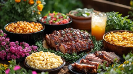 Obraz premium Celebratory BBQ Feast with Pulled Pork Mac and Cheese and Fresh Flowers. Generative AI