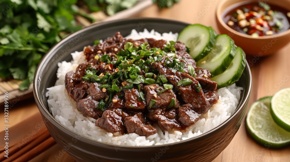 Poster a mouthwatering image of beef rice in a deep bowl, with the beef marinated in a savory sauce, accomp
