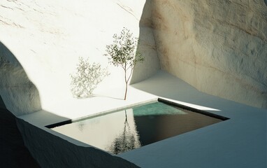 Tranquil oasis nestled within a sunlit rock formation. A small, rectangular pool reflects the light, with a delicate tree casting a shadow nearby. The scene evokes serenity and natural beauty