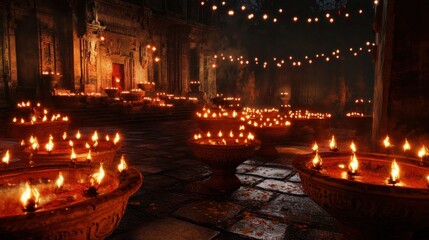 Fototapeta premium Illuminated Sanctuary: Ancient Temple Courtyard Glowing with Candlelight
