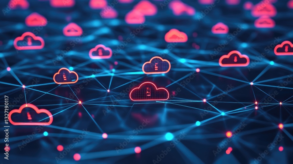 Poster a network-based illustration of cloud servers and interconnected nodes, showing how cloud computing 