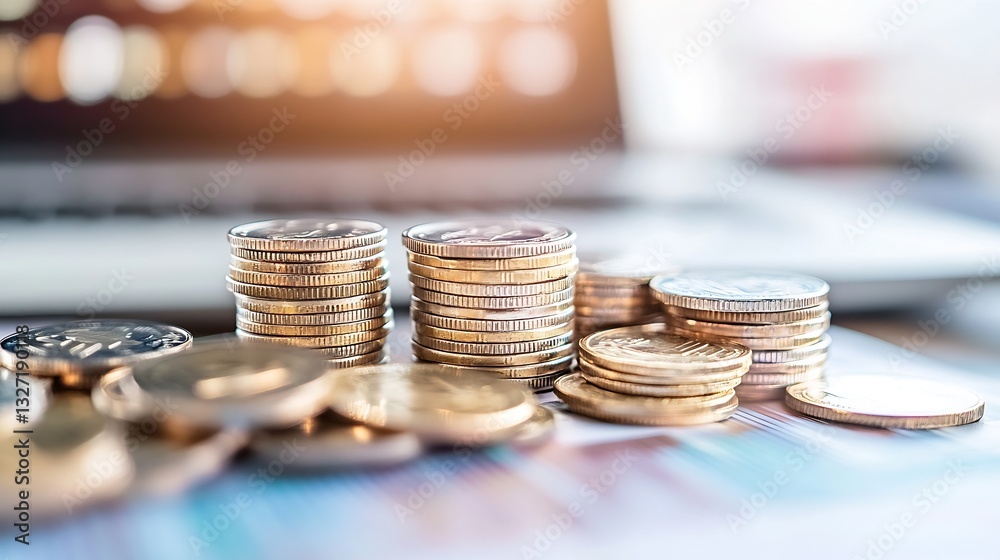 Aufkleber stack of shiny coins on financial documents and laptop showing the concept of investing and savings 