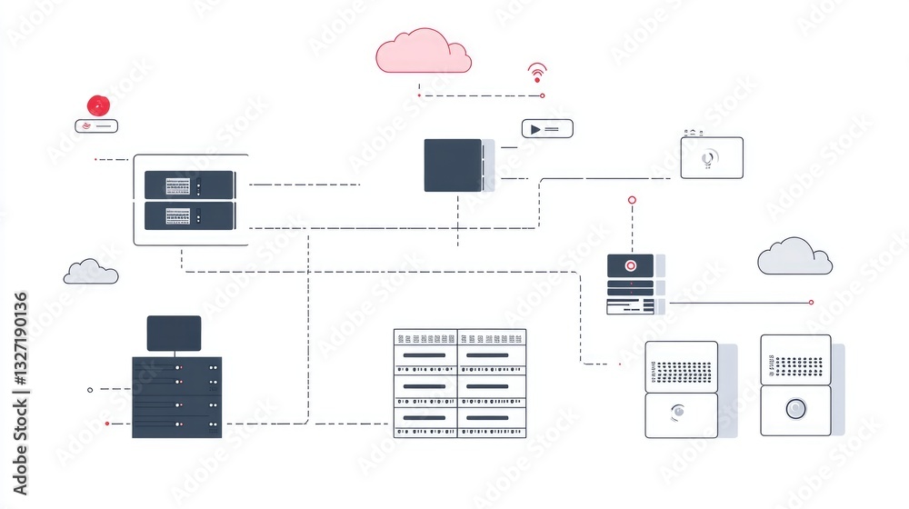 Poster a network diagram featuring server nodes and two-tone cloud icons, representing infrastructure scala