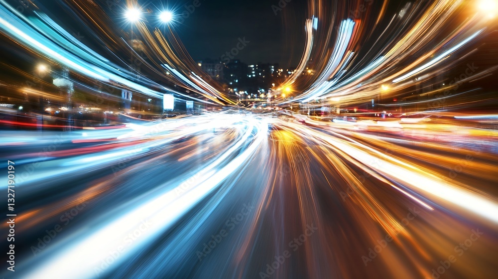 Poster fast moving city traffic captured in a stunning blur of light showing the motion of urban life : gen