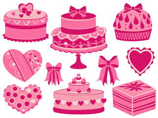 A delightful collection of vintage-inspired pink cakes with retro decorations, heart motifs, and elegant ribbons.
