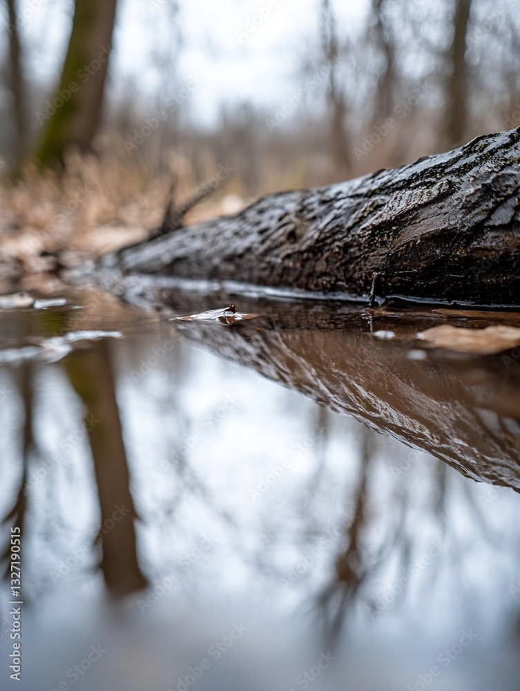 Aufkleber Reflections on Still Water at Forest Edge with a Fallen Tree Log : Generative AI