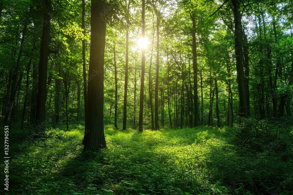 Poster A sunny day in a forest with sunlight filtering through the trees