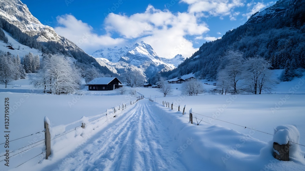 Poster idyllic winter landscape showcasing a snowcovered path with mountains in the background : generative