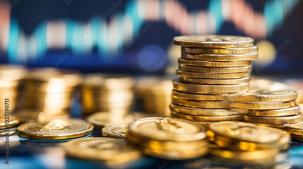 Leinwandbilder stacks of shiny gold coins representing wealth and investment with market data charts : generative a