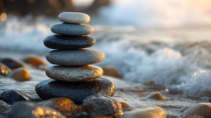 Stacked Zen Stones on a Beach at Sunset for Relaxation and Meditation