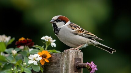 Eurasian Tree Sparrow perched on wooden post amidst colorful flowers
