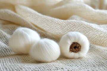 Soft White Yarn Balls on Textured Cream Fabric a Gentle Crafting Scene with Natural Light and Delicate Hues for Textile Projects