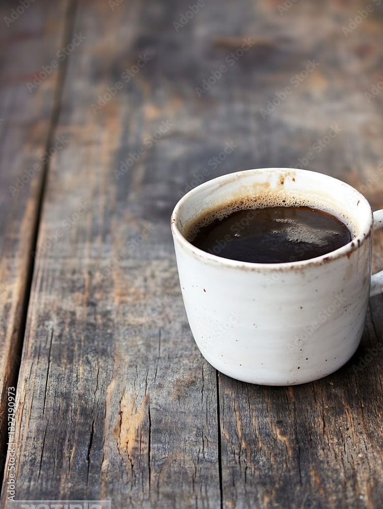 Poster rustic coffee cup filled with dark brew on a weathered wooden table ideal for cozy cafes and morning