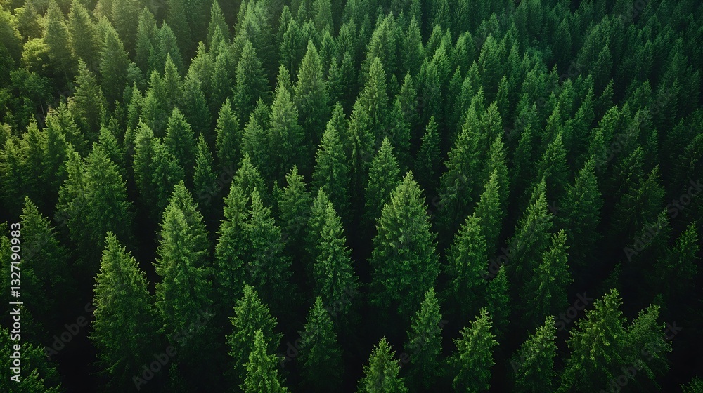 Poster aerial view of a lush green pine forest showcasing towering trees under bright sunlight : generative