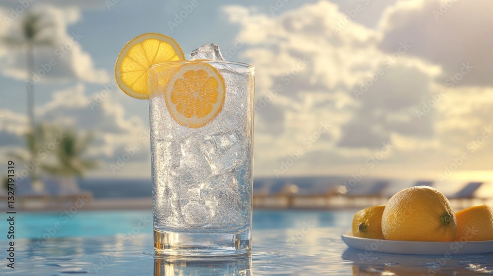 Aufkleber A refreshing glass of fizzy soda garnished with citrus slices, sitting on a poolside table with a blurred background of a sunny day.