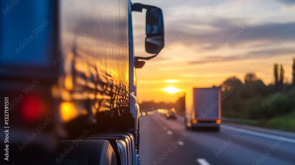 Poster stunning sunset view with a truck on the highway creating a perfect travel scene : generative ai