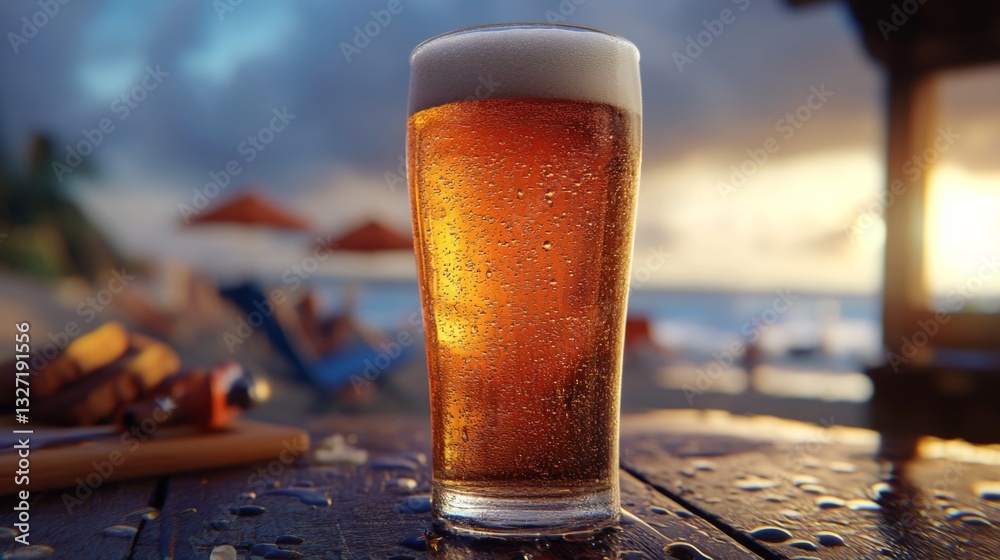 Poster a refreshing pilsner in a sleek glass, with condensation droplets running down the sides, set agains